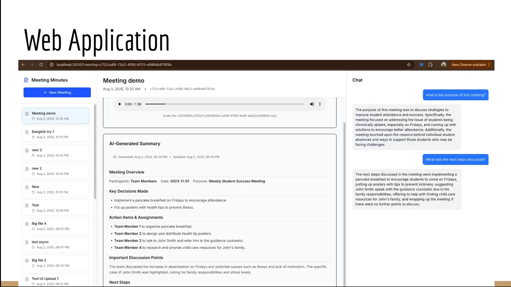 AI Meeting Minutes system by Shahariar Hossen using OpenAI Whisper and LangChain for automated meeting summaries